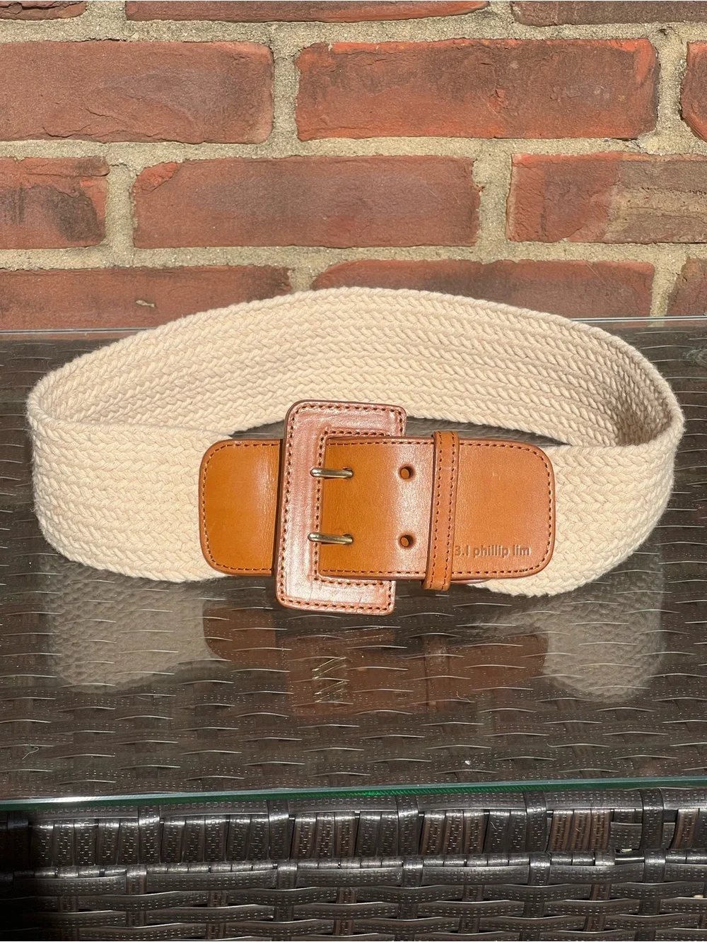 3.1 Phillip Lim Wide Woven Belt Cream with Brown Leather Buckle Quiet Luxury
